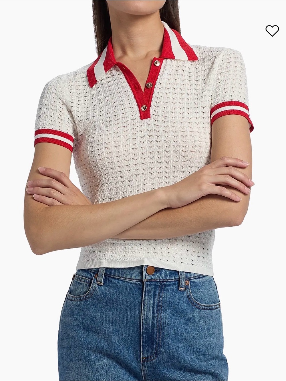 Alice + Olivia White Knit Polo Top with Red Trim
